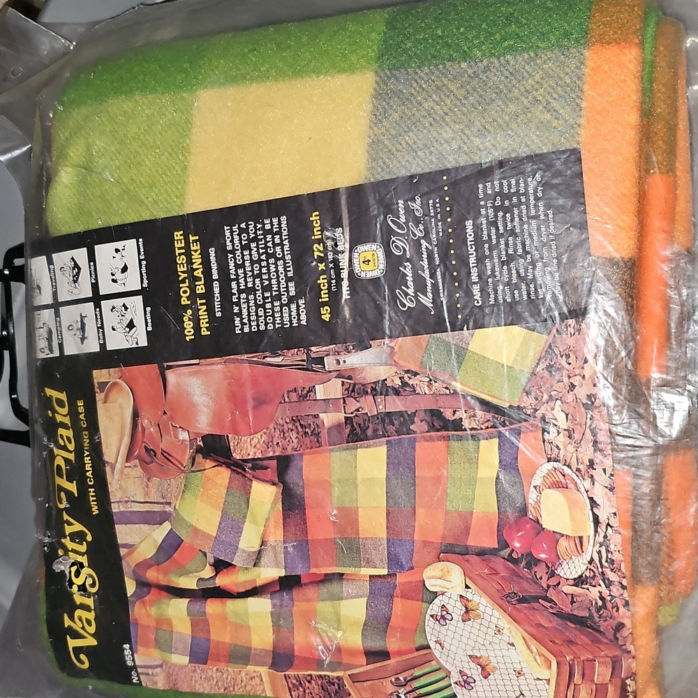 VTG Varsity Plaid Blanket 45x72 Green Orange NEW Vintage